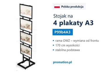 Czarny stojak na 4 plakaty A3 z ramami OWZ do urzędu, biura i szkoły