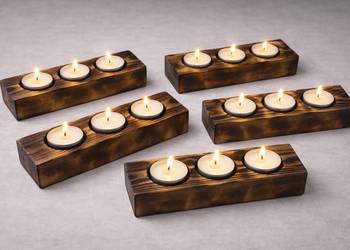 Zestaw 5 świeczników pod świece tealight opalane drewno
