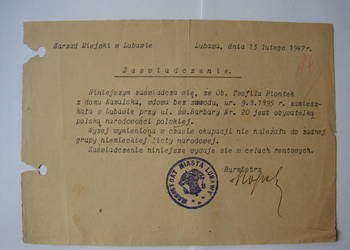 Lubawa - oświadczenie że nie należała do niemieckich list narodowych