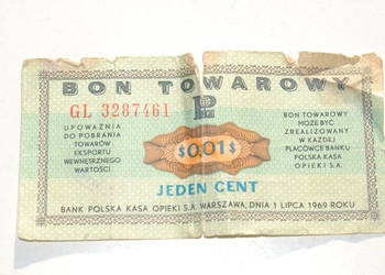 Stary Bon Towarowy Pko 1 cent Pewex 1969antyk