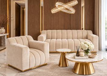 Fotel LONDON Duży Beżowy Glamour – Nowoczesny Wypoczynkowy Złote Nogi