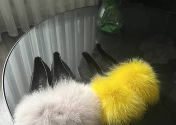 Czarne zamszowe balerinki z naturalnym futrem lisa | Pudrowy róż / Żółty