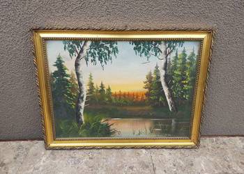 100 Stary obraz olej na płycie pejzaż nadwodny 30x40cm sygnowany