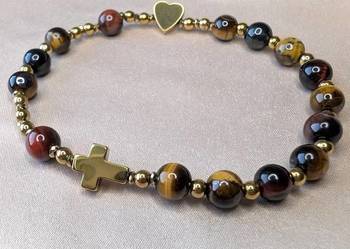 Bransoletka różaniec kamienie oko tygrysie krzyżyk serduszko prezent pamiąt