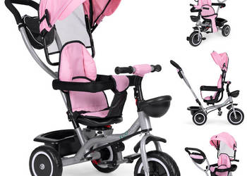 Rowerek trójkołowy spacerówka 2w1 obracane siedzisko składany daszek różow…