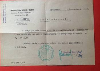 ( 1680 ) Zaświadczenie Narodowego Banku Polskiego,Dorożyńska