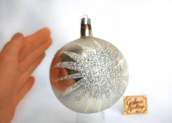 Stara bombka szklana, srebrna, gwiazdki, brokat, PRL vintage