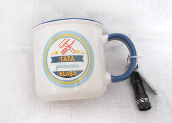 kubek na prezent dla taty, ceramiczny kubek tata pierwsza klasa z brelokiem