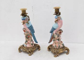 2 ŚWIECZNIKI PORCELANA + BRĄZ PAPUGI OKUTE BRĄZEM