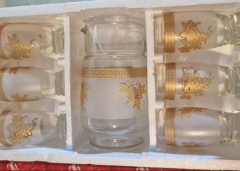 Nowy Zestaw do Napojów Dzbanek i 6 Szklanek Złote Winogrona Vintage