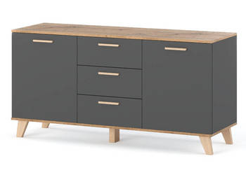 Komoda Szara Z Drewnem Olivier 150cm Szafka Z 3 Szufladami Do Sypialni
