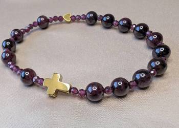 Bransoletka różaniec z kamieni naturalnych granat krzyżyk serduszko