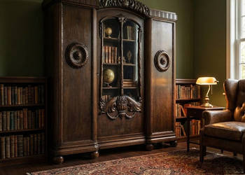 BIBLIOTECZKA drewniana Antyk zdobiona WITRYNA trzydrzwiowa gabinetowa PÓŁKI