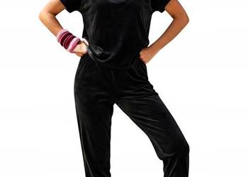 Dres damski welurowy komplet sportowy bluza spodnie kieszenie naszywka