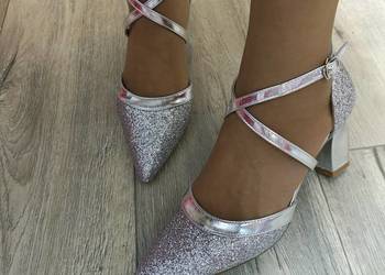 (41/42) Srebrne, bogato zdobione czółenka wieczorowe z zapięciem, NOWE