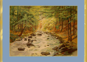 Akwarela, pastel, "Jesienna rzeka "