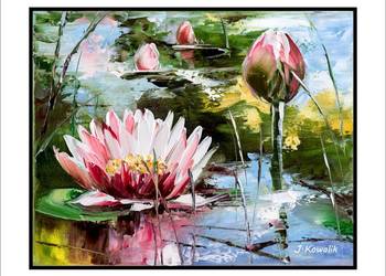 Kowalik - Nenufary II - 30x24cm Obraz Olejny Kwiaty Lilie