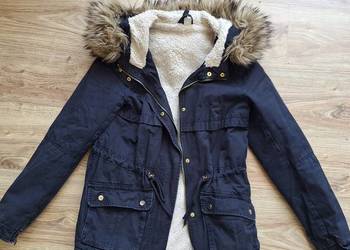 Granatowa kurtka parka zimowa ocieplana z kapturem 34 H&M