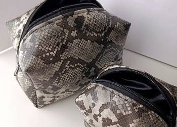Kosmetyczka skorzana duża zestaw wzór skóry węża handmade