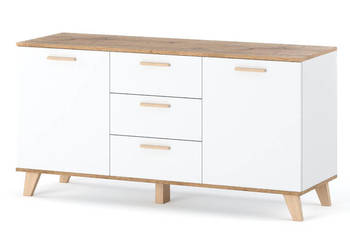 Komoda Biała Z Drewnem Olivier 150cm Pojemna Szafka Rtv Z 3 Szufladami
