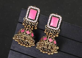 Kolczyki duże wiszące złoty kolor róż różowy etno boho bohemian orient egzo