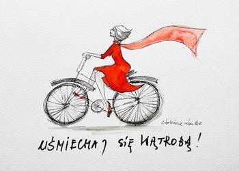 "Uśmiechaj się wątrobą!" akwarela z dodatkiem piórka - szczęście, radość