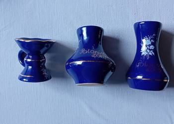 Ceramiczne bibeloty uzdrowiskowe Polanica Zdrój. Świecznik + 2 wazoniki.
