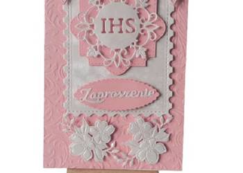 Zaproszenia Komunia Dziewczynka IHS W Ramce Kokardy B6 Róż – Biel