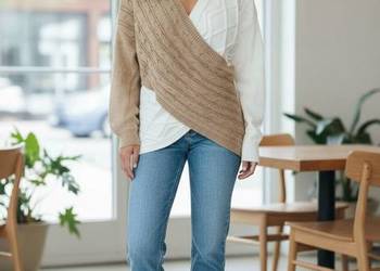 Sweter damski grubszy dwukolorowy V-neck nakładany biust 110cm