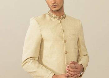 Elegancki indyjski sherwani achkan kremowy haft L Indie Bollywood złoto