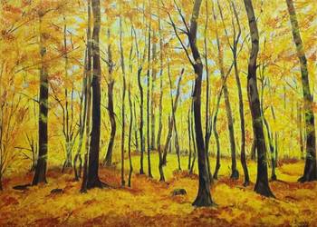 Obraz 70x50, akryl na płótnie - pejzaż, jesień, las