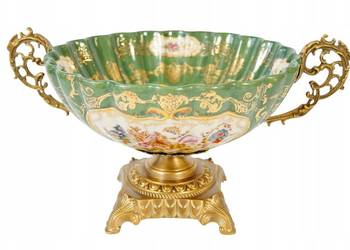 Porcelanowa patera misa okuta brązem zielona kwiaty