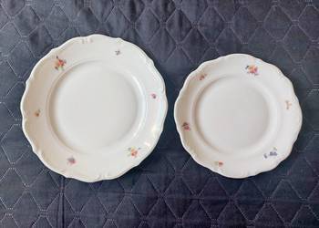 talerze porcelana Wałbrzych, PRL, kwiaty, złocone brzegi, 10 sztuk