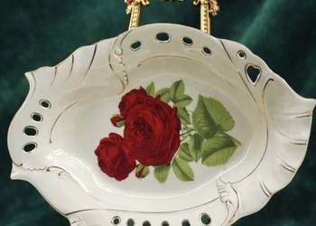 WYKWINTNA PATERA Z PORCELANY Z UCHWYTAMI * RELIEFY* ZŁOCENIA*RÓŻE* 31,5 x 2