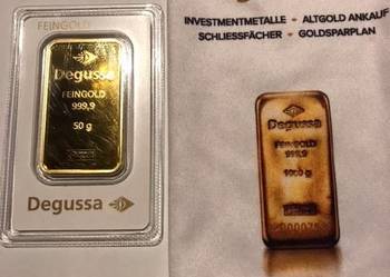 Sprzedam sztabkę złota 50 g próba 999 . DEGUSSA FEINGOLD org