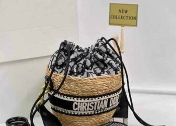 Torebka koszyk plażowa dior CD słomiana monogram beżowa czarny napis