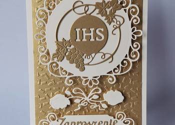 ZAPROSZENIA KOMUNIA UNIWERSALNE IHS Z WINOGRONEM RAMKA – B6 – ECRI – ZŁOTO