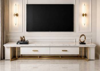 Szafka RTV złota Italiano Glamour Premium z blatem marmurowym 200x45x42