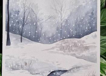 Akwarela, ręcznie malowany obraz akwarelą, pejzaż zimowy