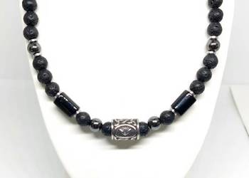 NASZYJNIK RUNA KAUNAN STAL NIERDZEWNA 316L KAMIEŃ TURMALIN LAWA HEMATYT