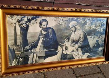 Stary Duży Religijny Obraz Święta Rodzina Przy Pracy Vintage Loft PRL