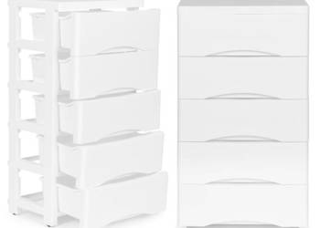 Regał z 5 wysuwanymi szufladami nogi z kółkami biały ModernHome