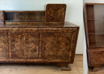 Przedwojenny komplet mebli Art Deco bufet witryna serwantka orzech czeczota