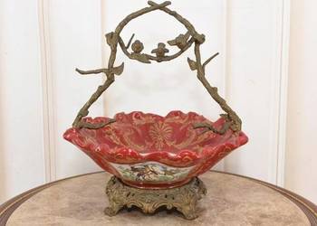 Czerwona Patera Owocnik - Porcelana + Brąz - Ptaszki