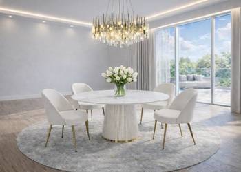 Stół złoty okrągły Glamour Nowojorski z kamiennym blatem o wzorze marmuru