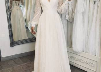 Suknia ślubna wiązana boho ivory rękawy koronkowe wstawki 40 L, 48 4XL