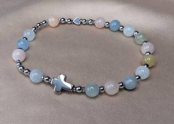 Bransoletka różaniec kamienie morganit krzyżyk serduszko prezent pamiątka