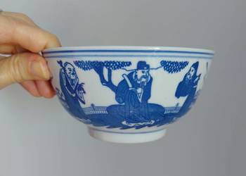 biało-niebieska miseczka do ramenu z 3 łyżkami, porcelana