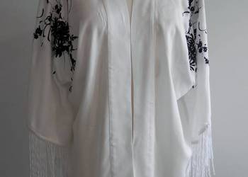 Narzutka Kimono Blezer Tunika Biała z Frędzlami i Koronką M&S 40