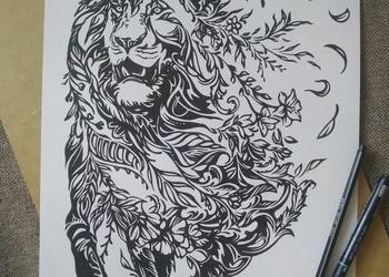 Rysunek: lew, cienkopis - blok tech. A3, 250 g/m2